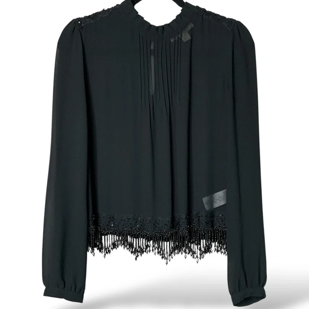 MICHAEL MICHAEL KORS Black Beaded Long Sleeve Fancy Easy Care Poly Blouse Sz M - Picture 3 of 12